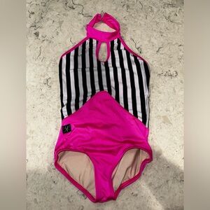 Pink and Black/white striped Kandi Kouture  Leotard YL